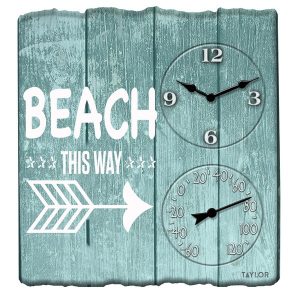 Taylor Precision Products 92685T 14-Inch x 14-Inch Beach This Way Clock with Thermometer