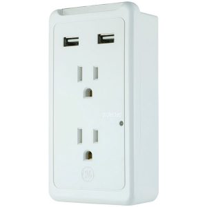 GE 36065 2-Outlet Eye-Indicator Wall Tap with 2 USB Ports