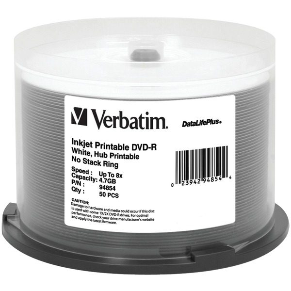 Verbatim 94854 4.7GB 8x DataLifePlus White Inkjet Printable/Hub Printable DVD-Rs