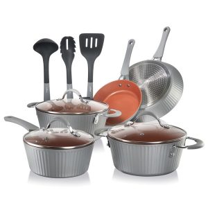 NutriChef NCCW11GL 11-Piece Lines Kitchenware Pots and Pans Set (Silver)
