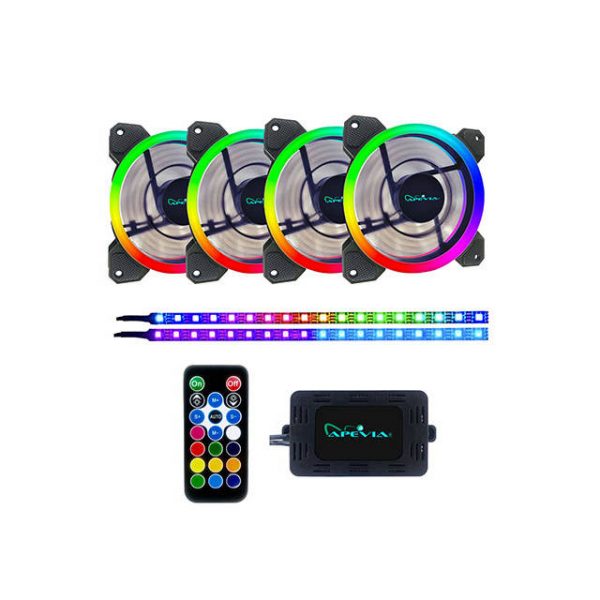 Apevia SP412L2S-RGB Spectra 120mm Silent Dual Ring Addressable RGB Color Changing LED Fan + 2 Color Changing Magnetic LED Strips (4+2-pk)