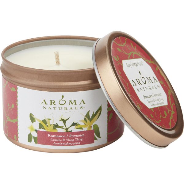 ONE 2.5x1.75 inch TIN SOY AROMATHERAPY CANDLE.  COMBINES THE ESSENTIAL OILS OF YLANG YLANG & JASMINE TO CREATE PASSION AND ROMANCE. BURNS APPROX. 15 HRS. - ROMANCE AROMATHERAPY by Romance Aromatherapy