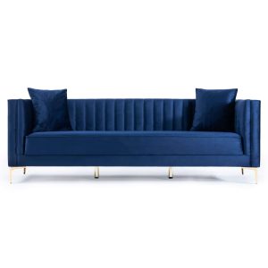 Angelina Mid-Century Modern Dark Blue Velvet  Tufted Sofa