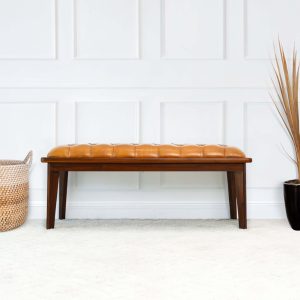 Arden Tan Leather Bench With Buttons