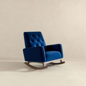 Demetrius Mid-Century Modern Dark Blue Velvet  Solid Wood Rocking Chair