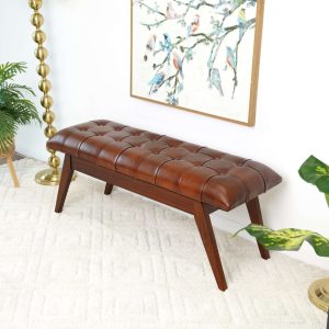 Maja Mid Century Modern Tan Leather Bench
