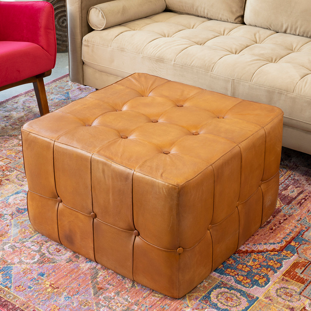 Benjiro Square Tan Leather Ottoman Benjiro Square Tan Leather Ottoman