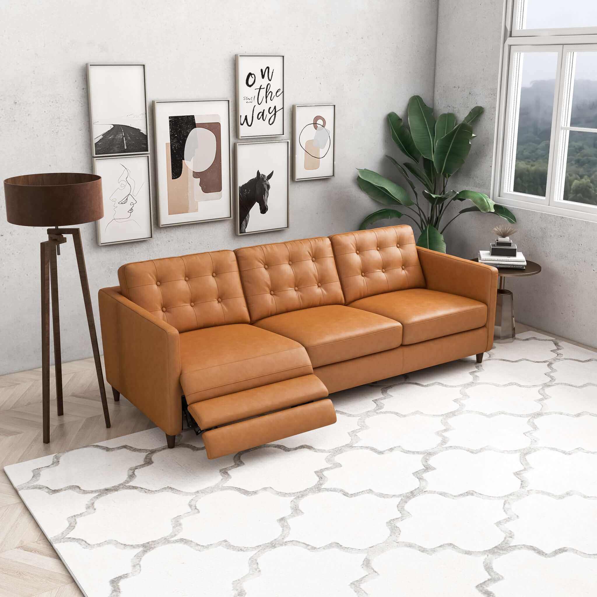 Christopher Tan Leather Electric Inclining Sofa Left Facing Christopher Tan Leather Electric Inclining Sofa Left Facing