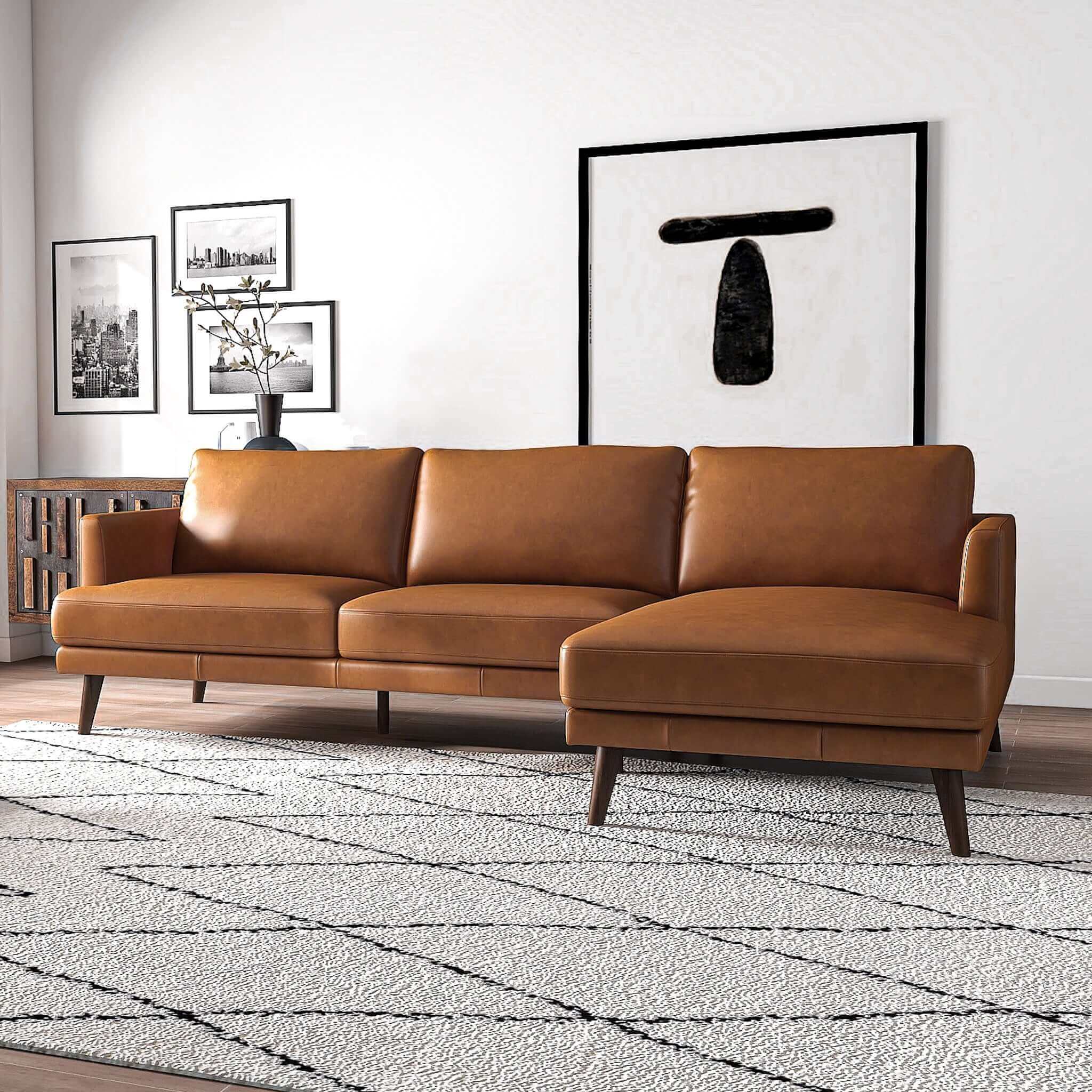 Lore L-Shaped Genuine Leather Sectional In Tan Right Facing Lore L-Shaped Genuine Leather Sectional In Tan Right Facing
