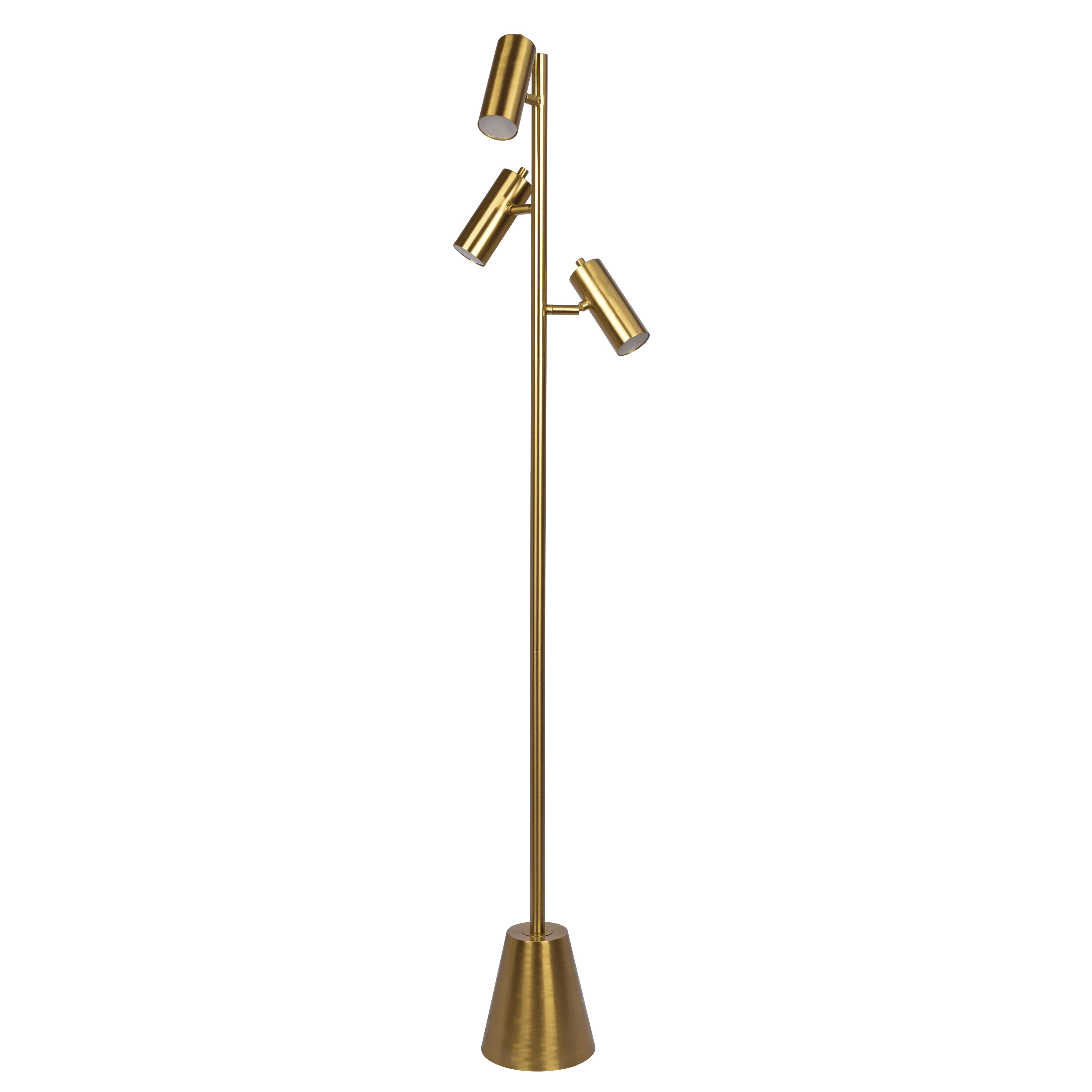 Lumina Brassed Gold Floor Lamp with Rotary Switch Triple Spots Metal Cone Base Lumina Brassed Gold Floor Lamp with Rotary Switch Triple Spots Metal Cone Base