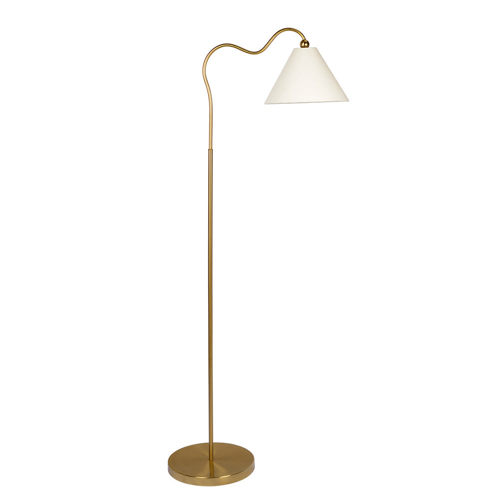 Majestic Brass Ring Base Curved Floor Lamp with Triangle White Drum Shade Majestic Brass Ring Base Curved Floor Lamp with Triangle White Drum Shade