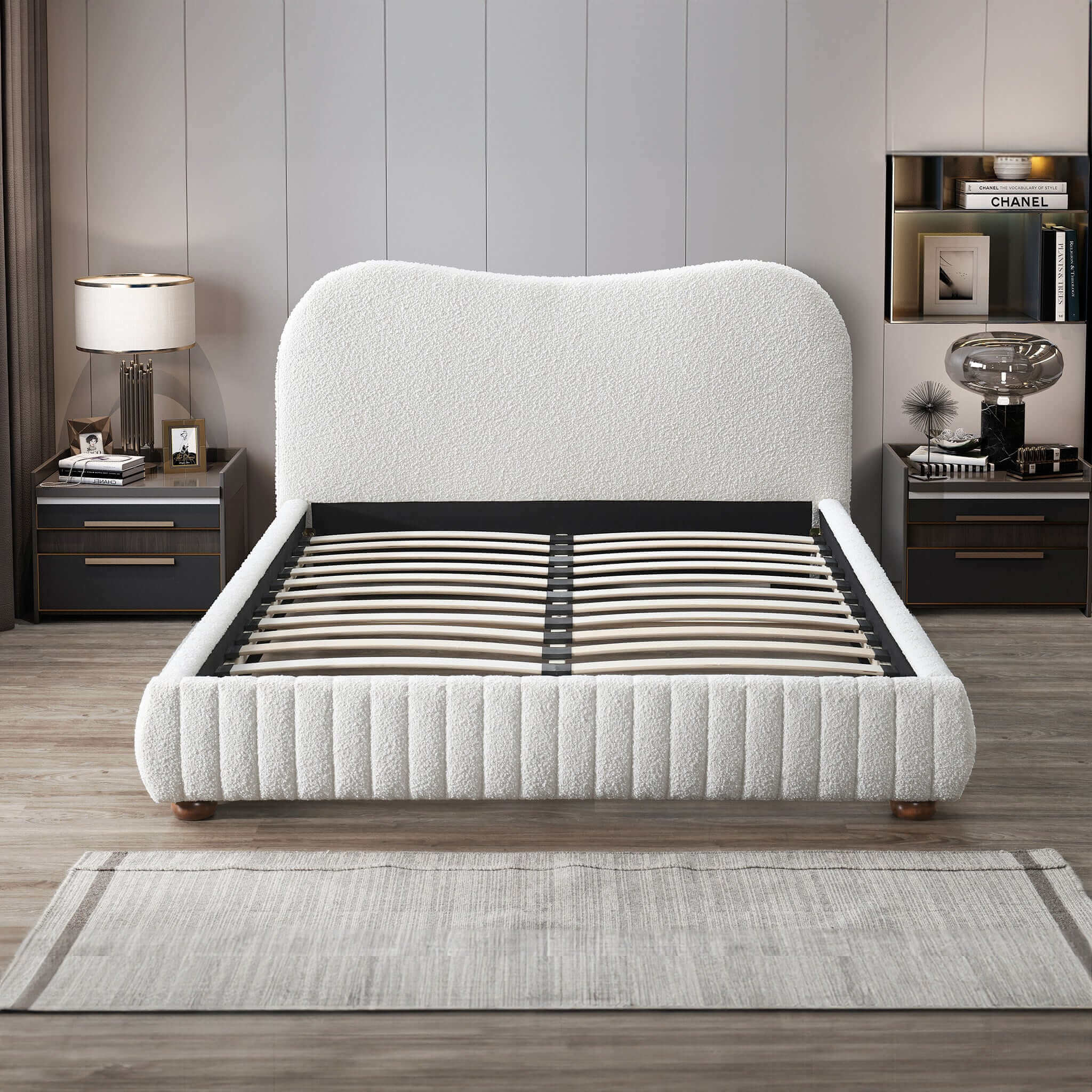 Norme Boucle Upholstered Low Profile Queen Size Platform Bed In Cream Norme Boucle Upholstered Low Profile Queen Size Platform Bed In Cream